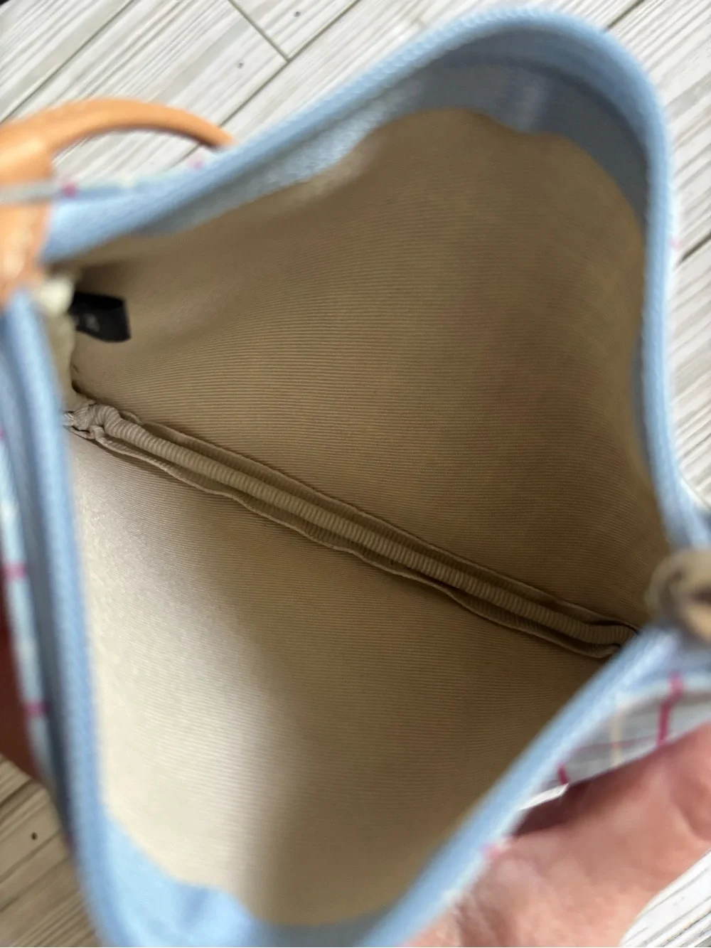Coach Blue Plaid Wristlet with Tan Leather Trim